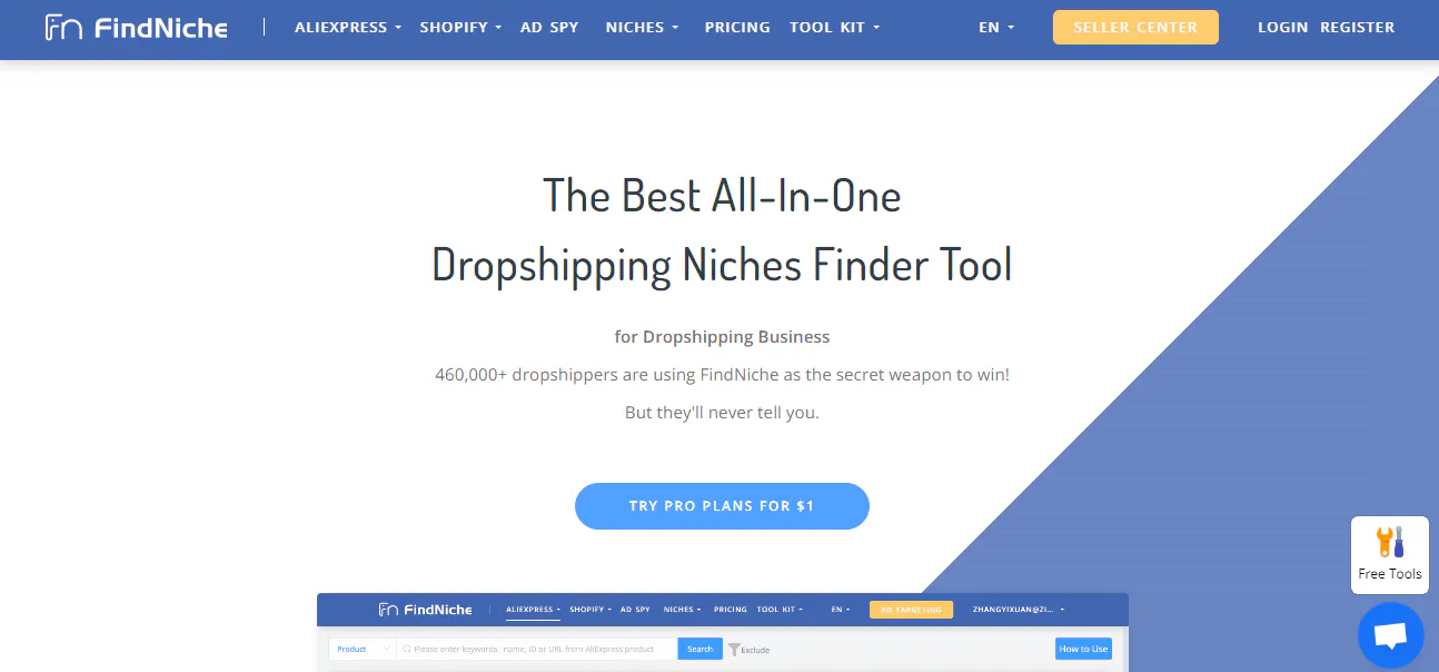 FindNiche landing page screenshot promoting a dropshipping niche finder tool with a try plan button