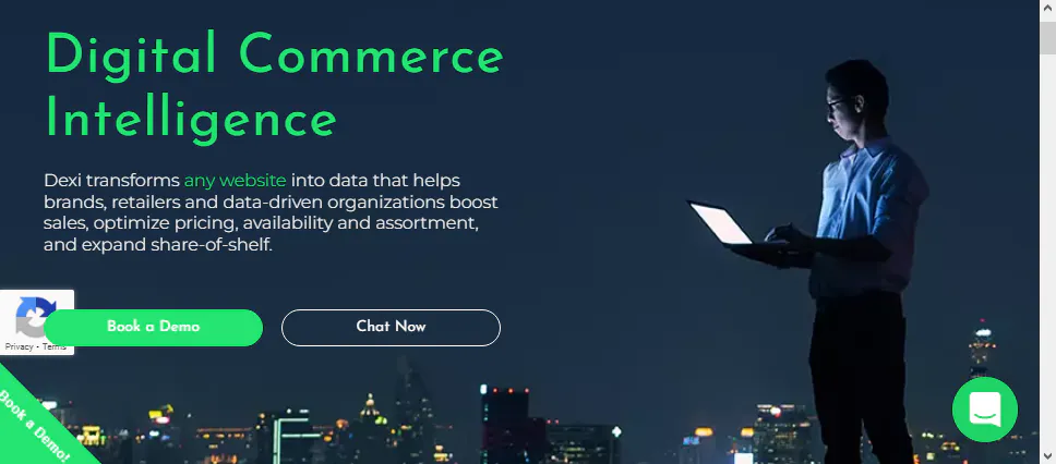 Dexi website hero about digital commerce intelligence, showing a person holding a laptop over a city skyline
