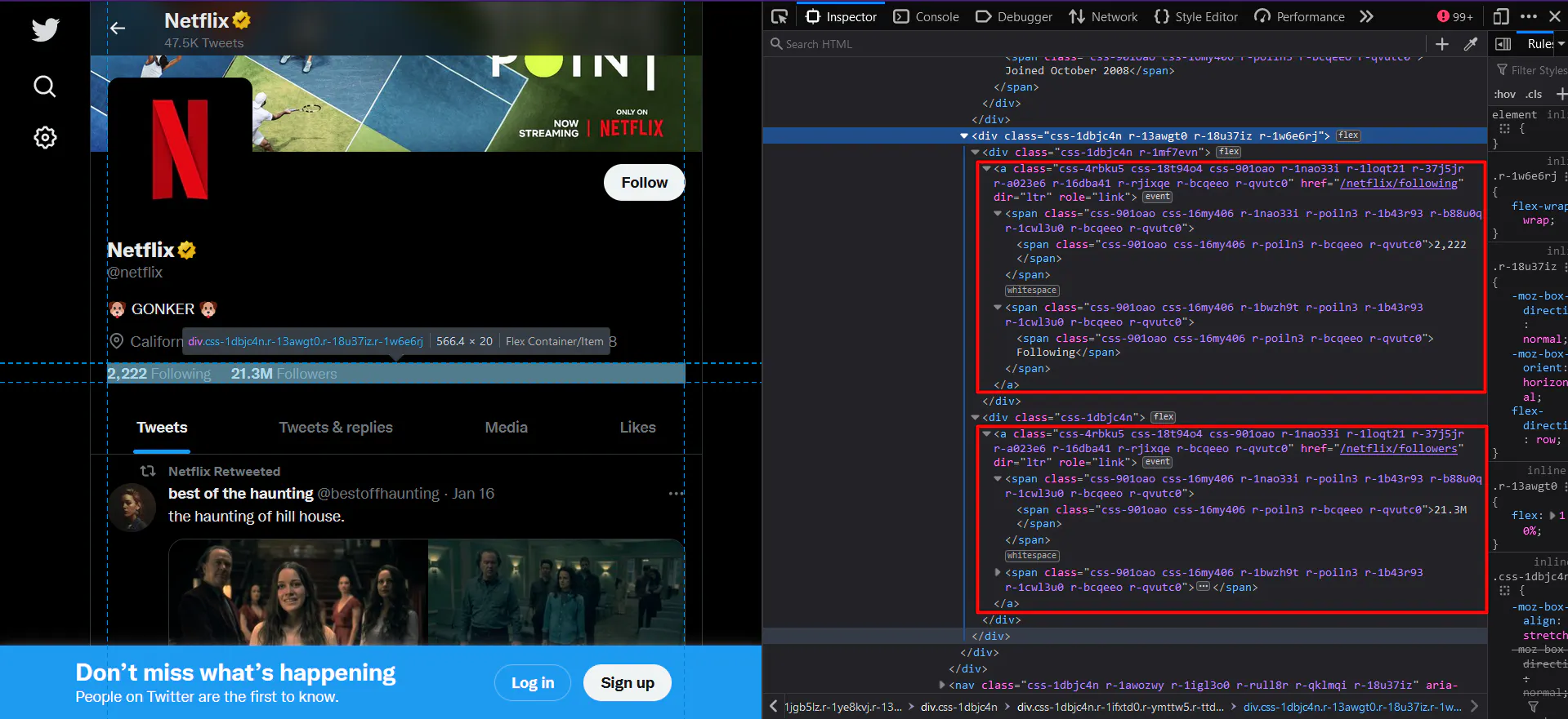 Twitter profile page with browser devtools highlighting the HTML for following and follower counts
