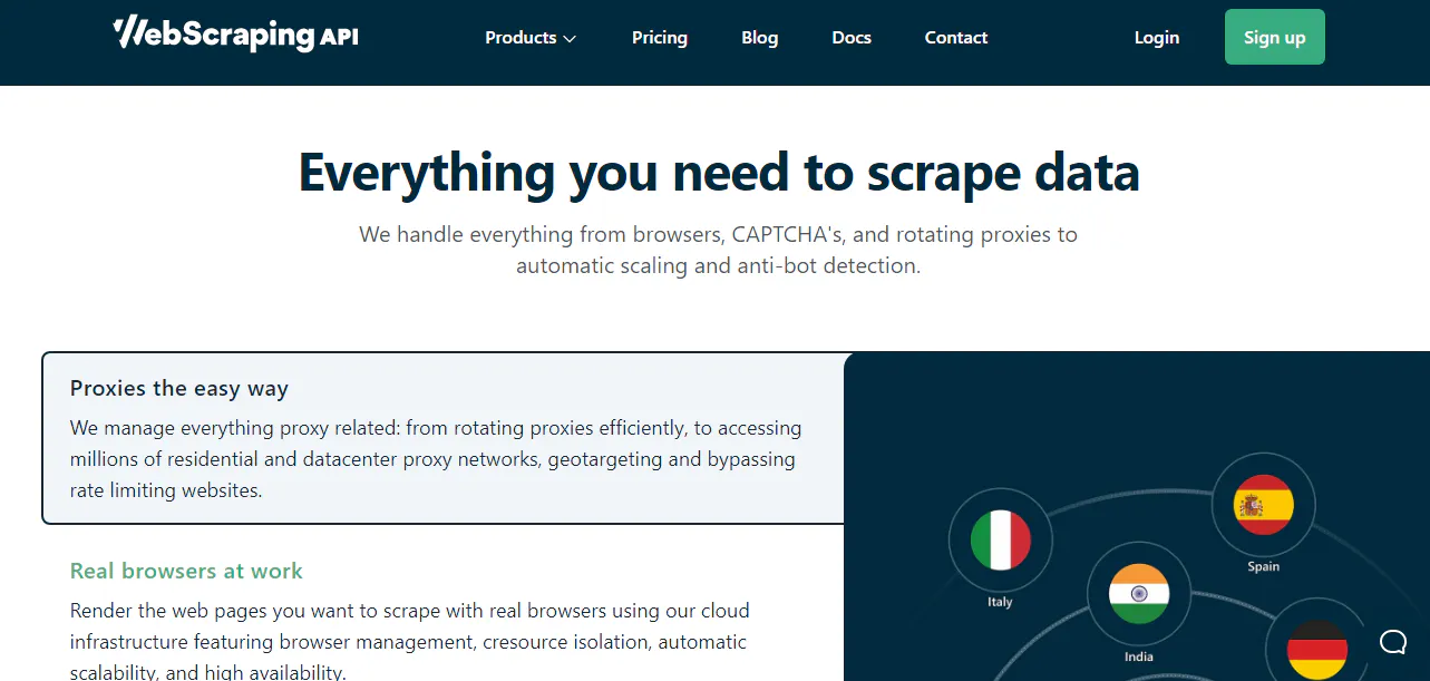 WebScrapingAPI features page screenshot with sections about proxy rotation and real browsers, plus country flags graphic