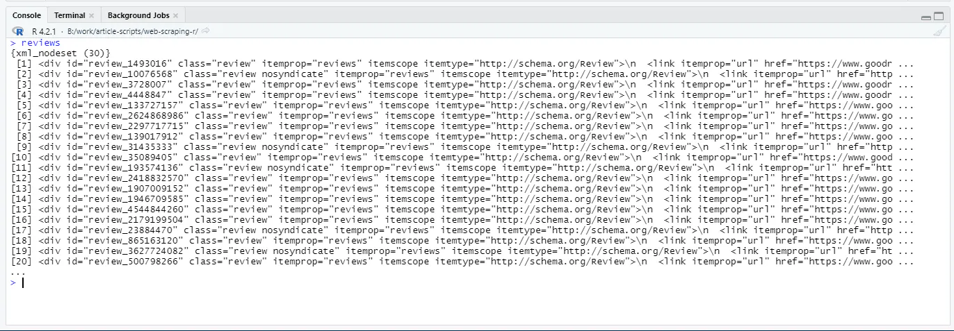 RStudio console output showing a list of scraped review nodes from an HTML document