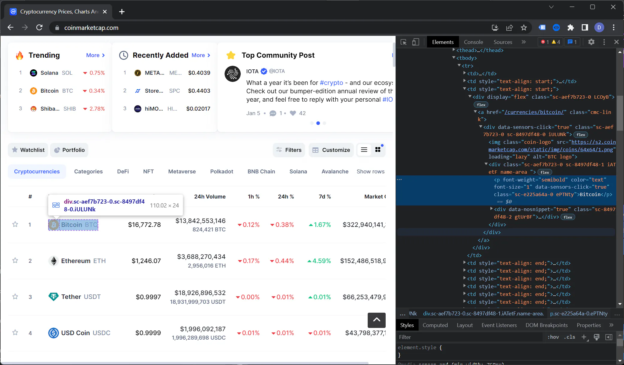 CoinMarketCap cryptocurrency prices table with the Bitcoin row highlighted and browser devtools showing the corresponding HTML