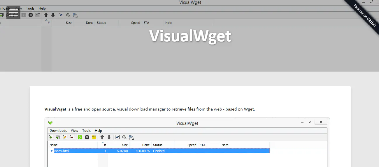 VisualWget webpage describing an open source visual download manager with an application screenshot