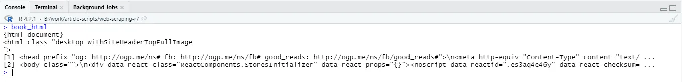 RStudio console output showing an HTML document object printed after fetching a page