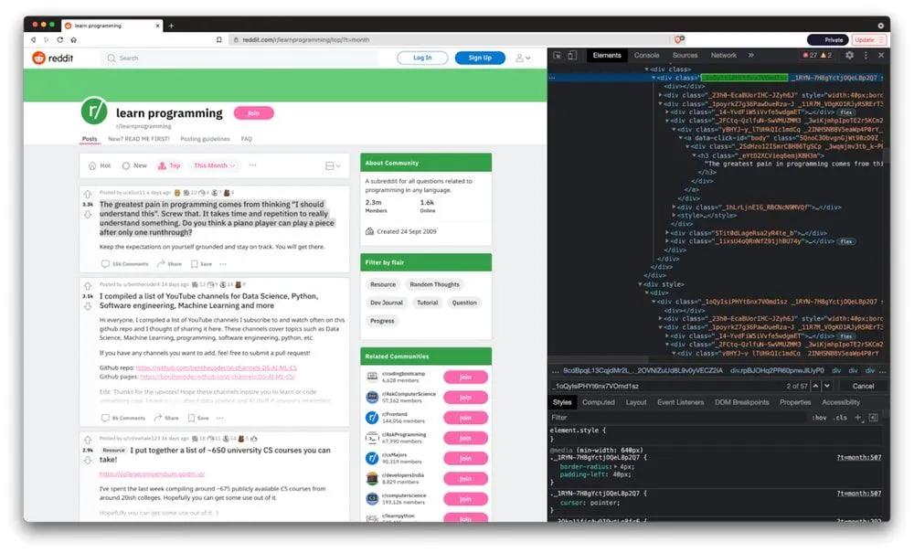Browser screenshot showing a Reddit page next to developer tools inspecting the page HTML