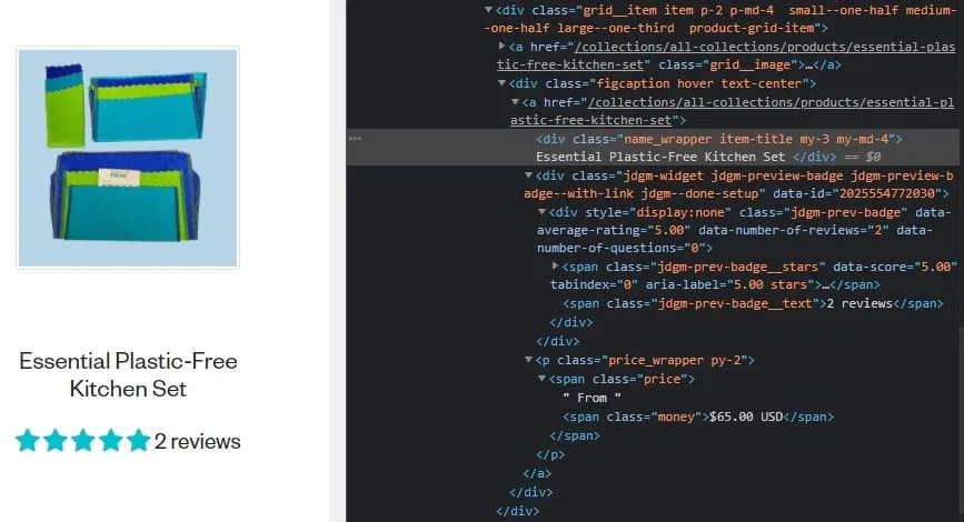 DevTools highlighting product metadata such as review count and price in an item listing