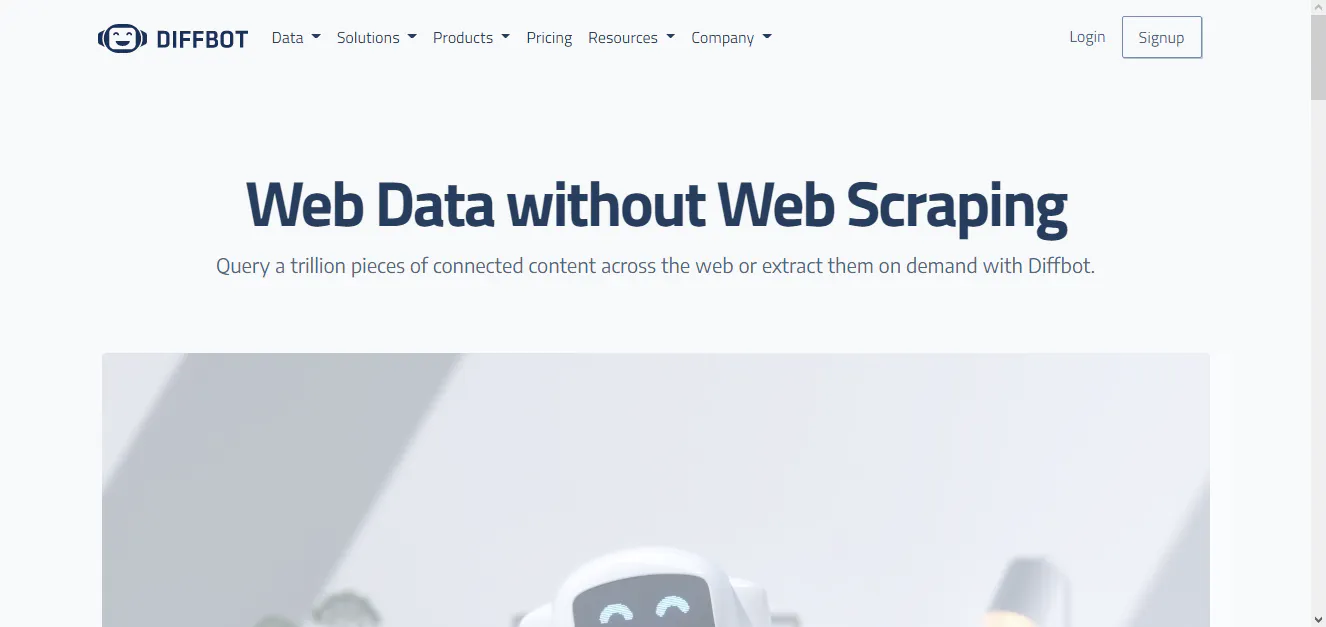 Diffbot homepage headline about web data without web scraping