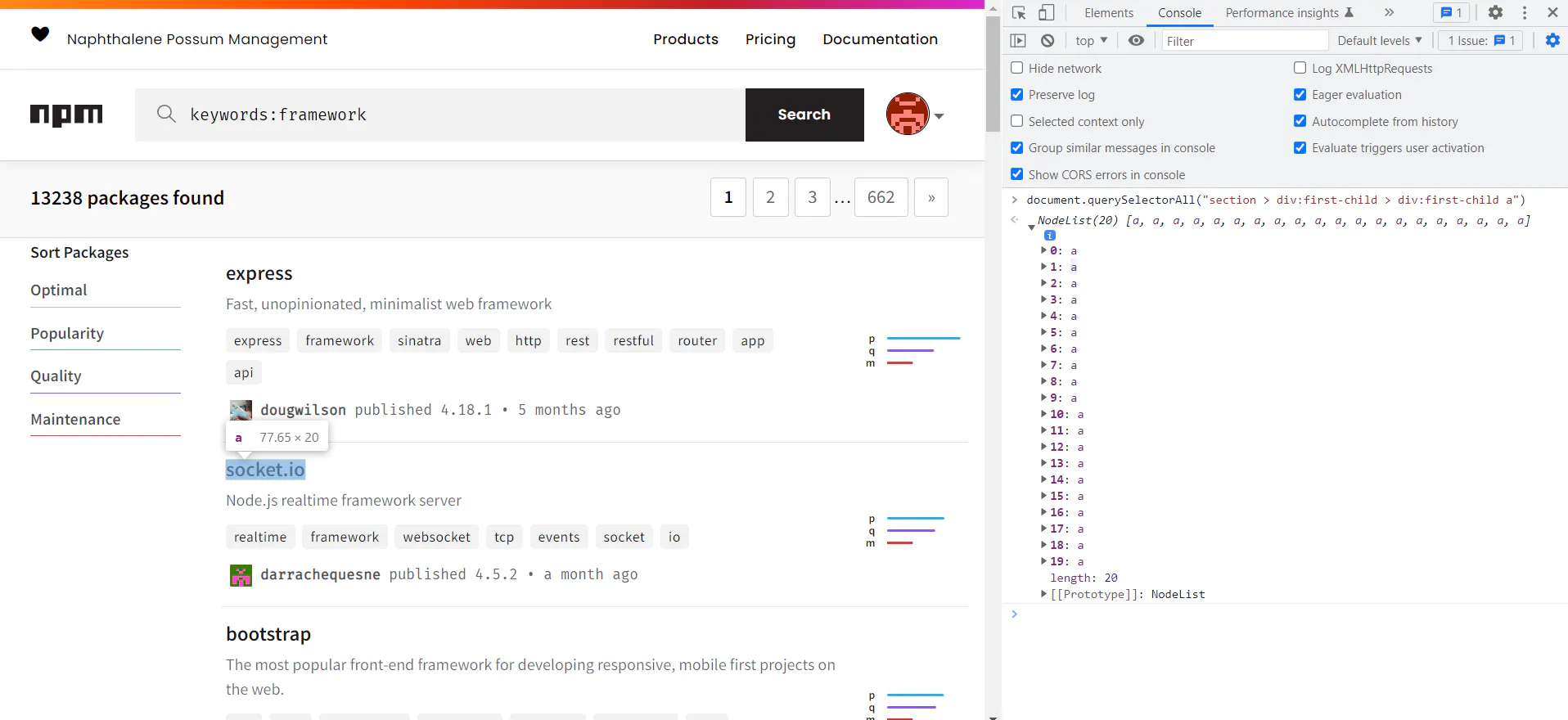 npm search results with the browser console showing a querySelectorAll result NodeList