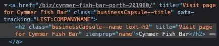 HTML snippet showing an anchor link wrapping an h2 business name element with itemprop="name"