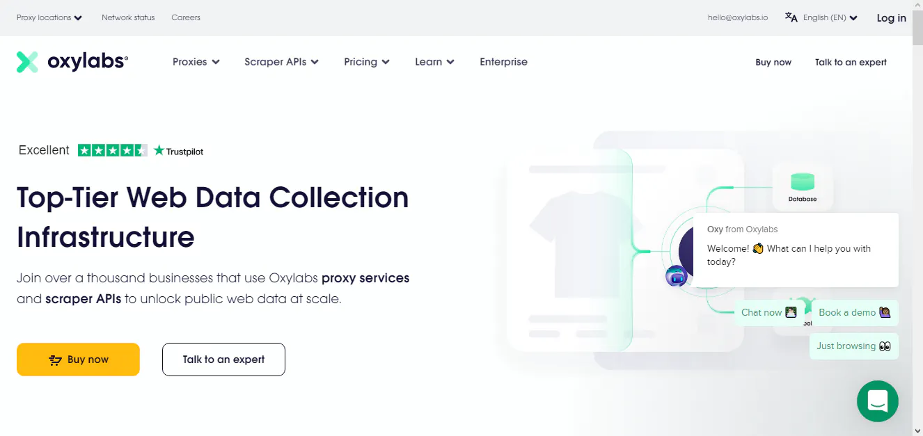 Oxylabs landing page screenshot describing web data collection infrastructure for proxies and scraper APIs