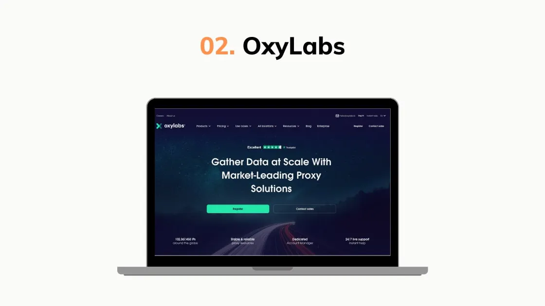 Slide graphic labeled Oxylabs with a laptop showing a proxy solutions landing page