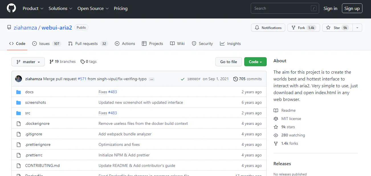 GitHub repository page for the webui-aria2 project showing files and repository details