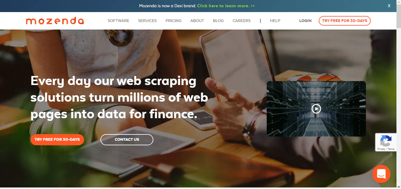 Mozenda homepage promoting web scraping solutions with call-to-action buttons and an embedded video