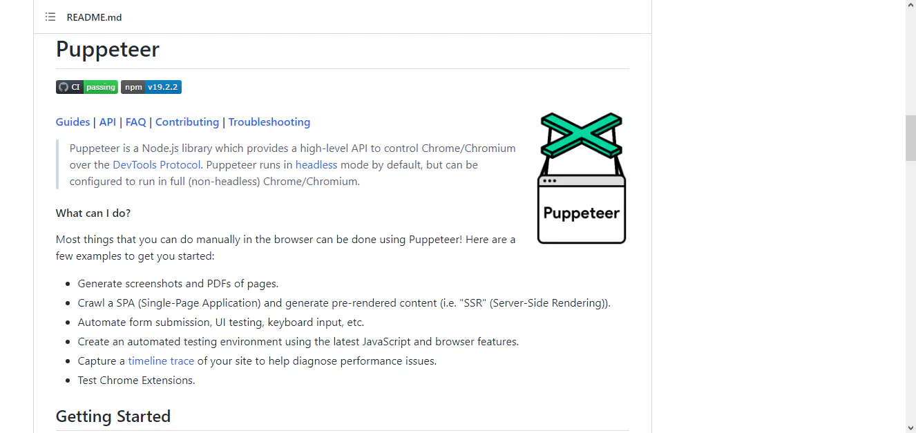 GitHub README page for Puppeteer describing headless Chrome automation and listing common use cases