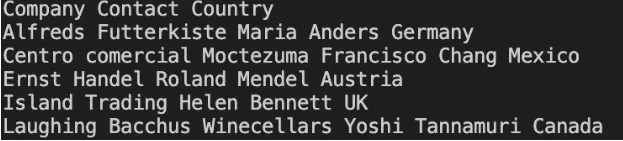 Terminal output showing scraped table rows with company, contact, and country columns