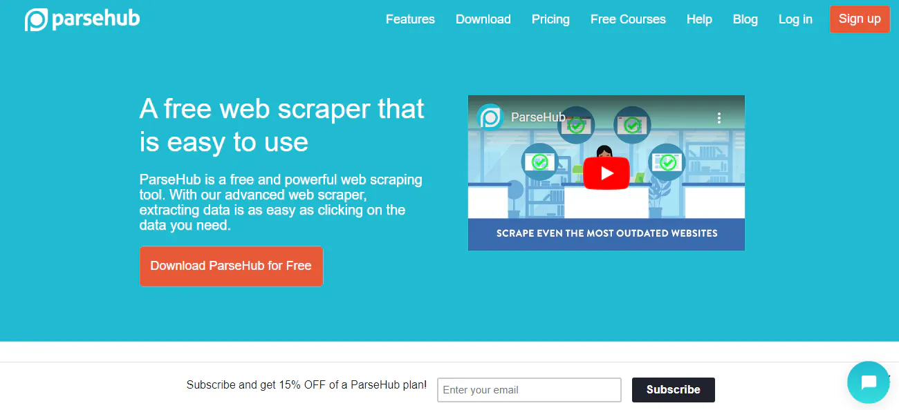ParseHub homepage promoting an easy-to-use web scraper and a button to download the app