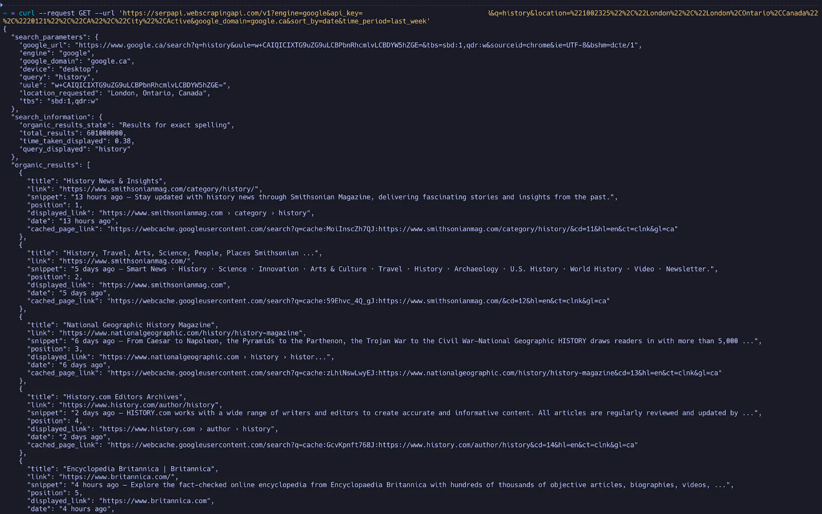 Terminal output showing a curl request to a SERP API and a JSON response with search parameters and organic result entries