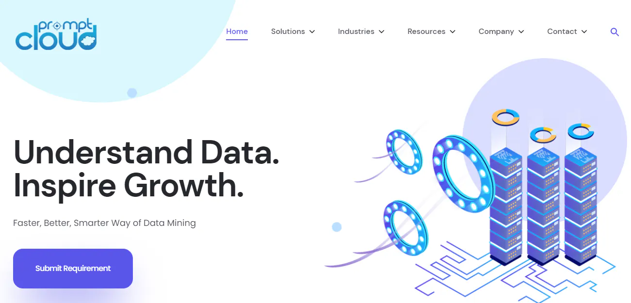 PromptCloud landing page screenshot with an illustration of servers and a headline about data mining and growth