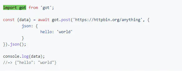 Code snippet showing a got POST request example that returns a JSON response