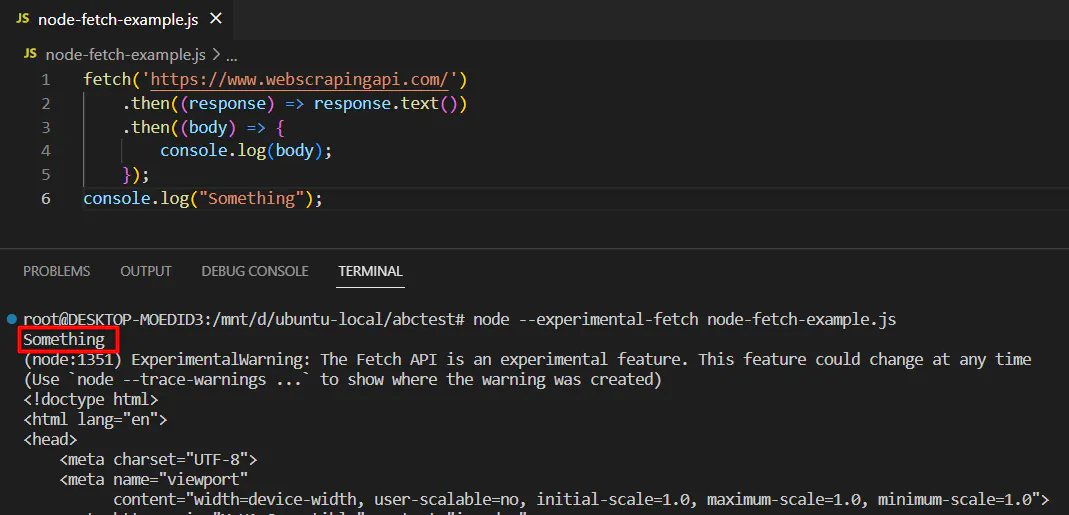 VS Code terminal output showing a console log result alongside an experimental Fetch API warning