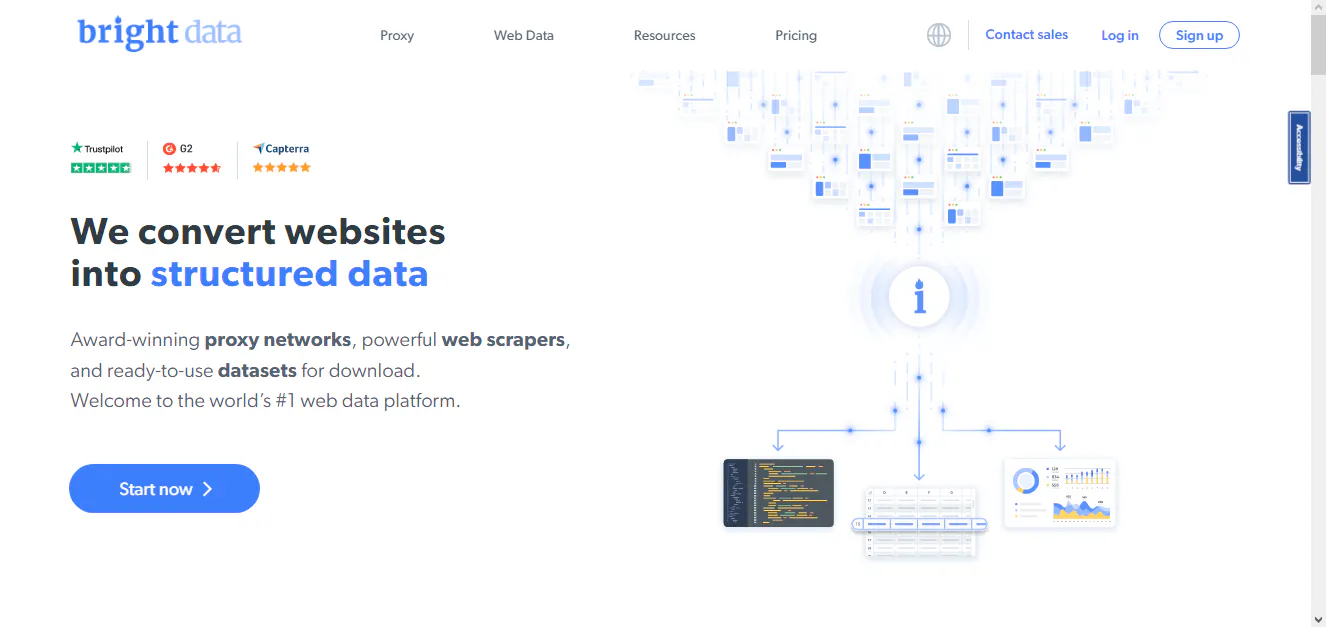 Bright Data landing page screenshot about converting websites into structured data with a data flow illustration