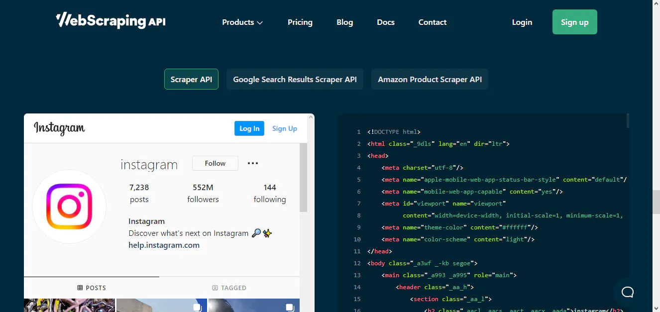 WebScrapingAPI product page showing an Instagram profile preview next to extracted HTML code