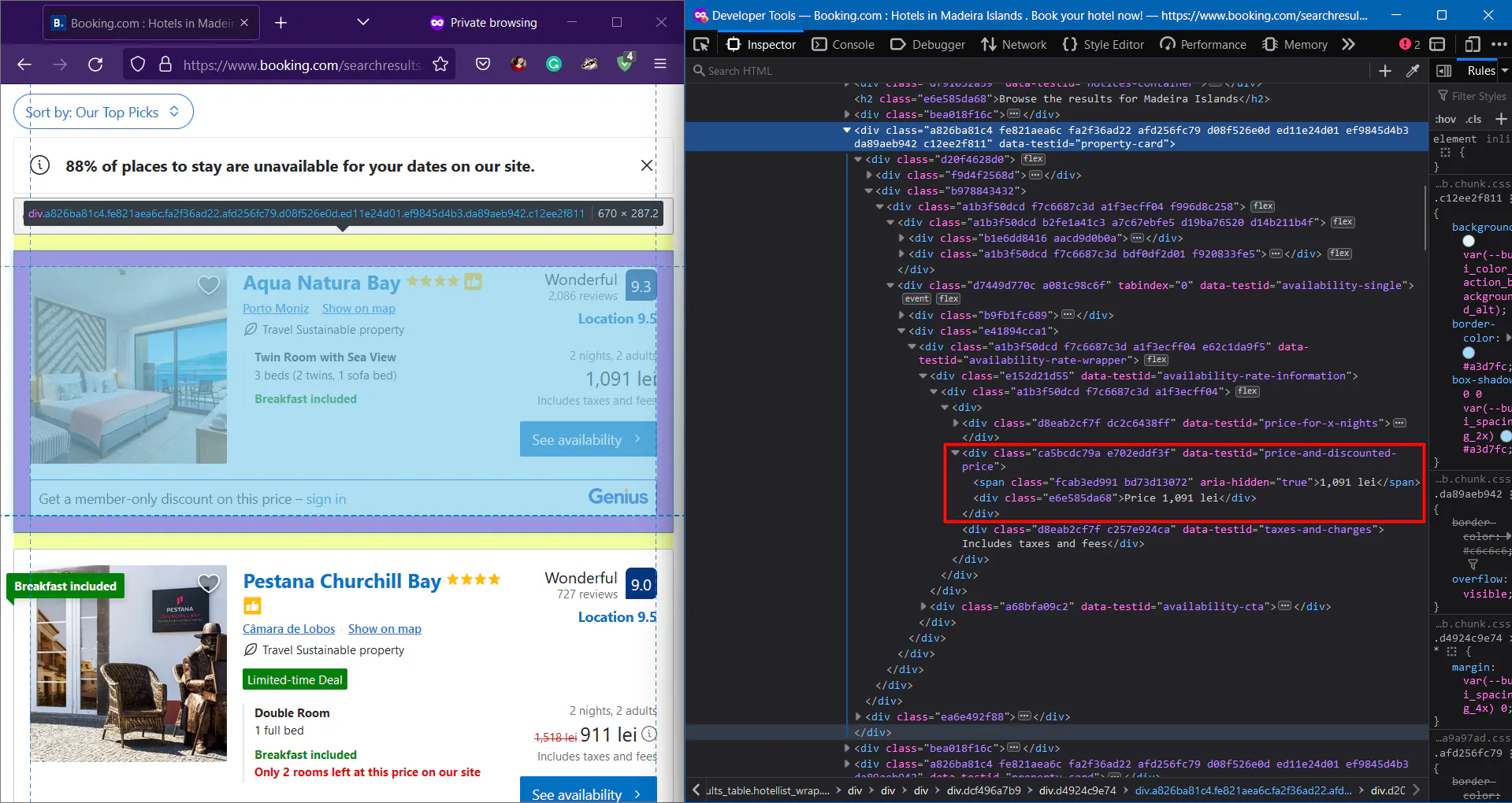Booking.com hotel listing page with browser devtools highlighting HTML for the price element
