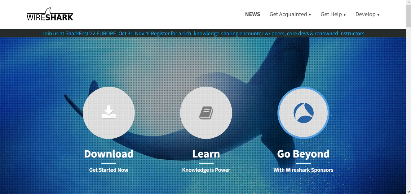 Wireshark website homepage with a shark background and buttons for Download, Learn, and sponsors
