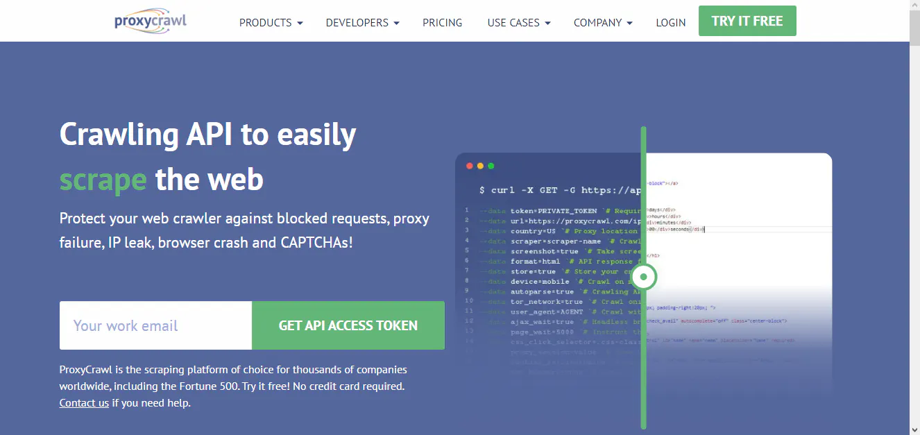 ProxyCrawl homepage promoting a crawling API for scraping the web with an API access token form