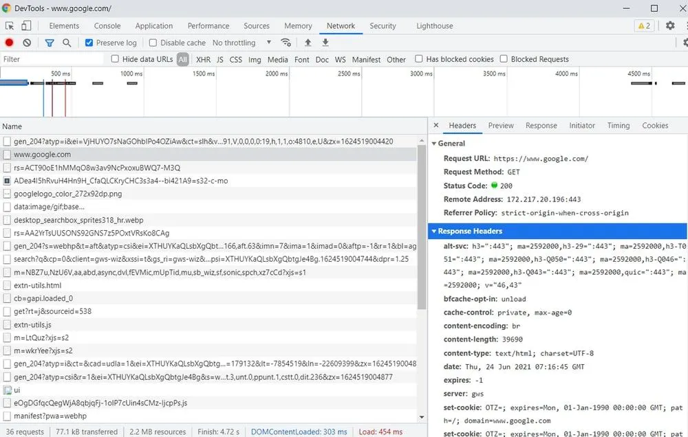Chrome DevTools Network panel showing requests and response headers for a web page