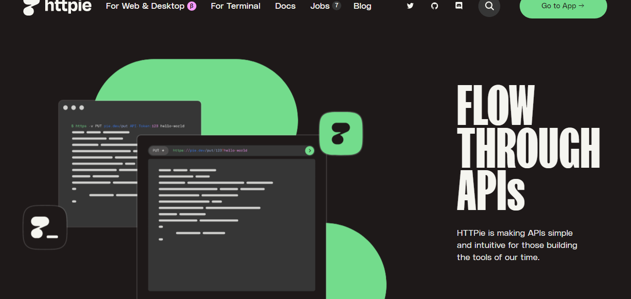 HTTPie website hero showing terminal-style UI screenshots and a message about working with APIs