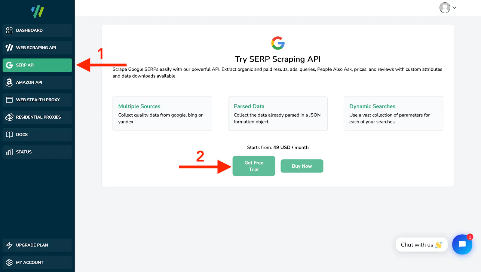 Dashboard page promoting a SERP scraping API with sidebar navigation highlighted and a Get Free Trial button marked by red arrows