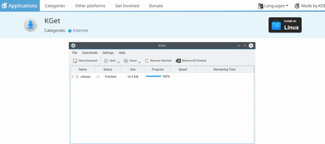 KDE applications page for the KGet download manager with a screenshot of the app interface