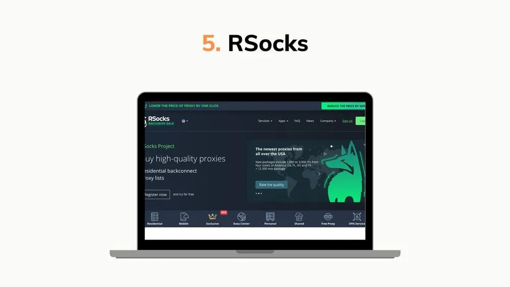 Graphic highlighting RSocks, showing a laptop mockup with a residential proxy service website