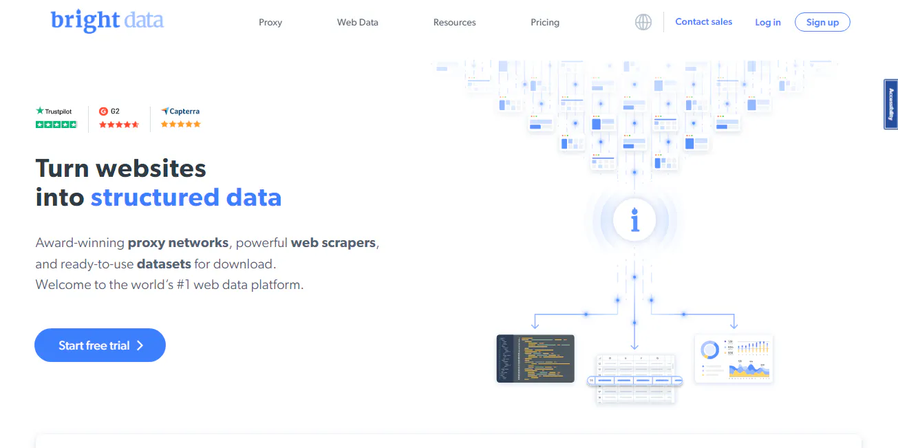 Bright Data landing page promoting proxy networks, web scrapers, and downloadable datasets
