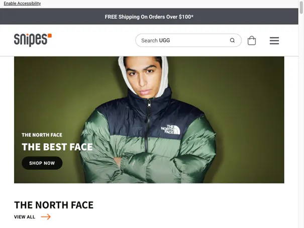 Screenshot of the Snipes retail website featuring a The North Face promotional banner