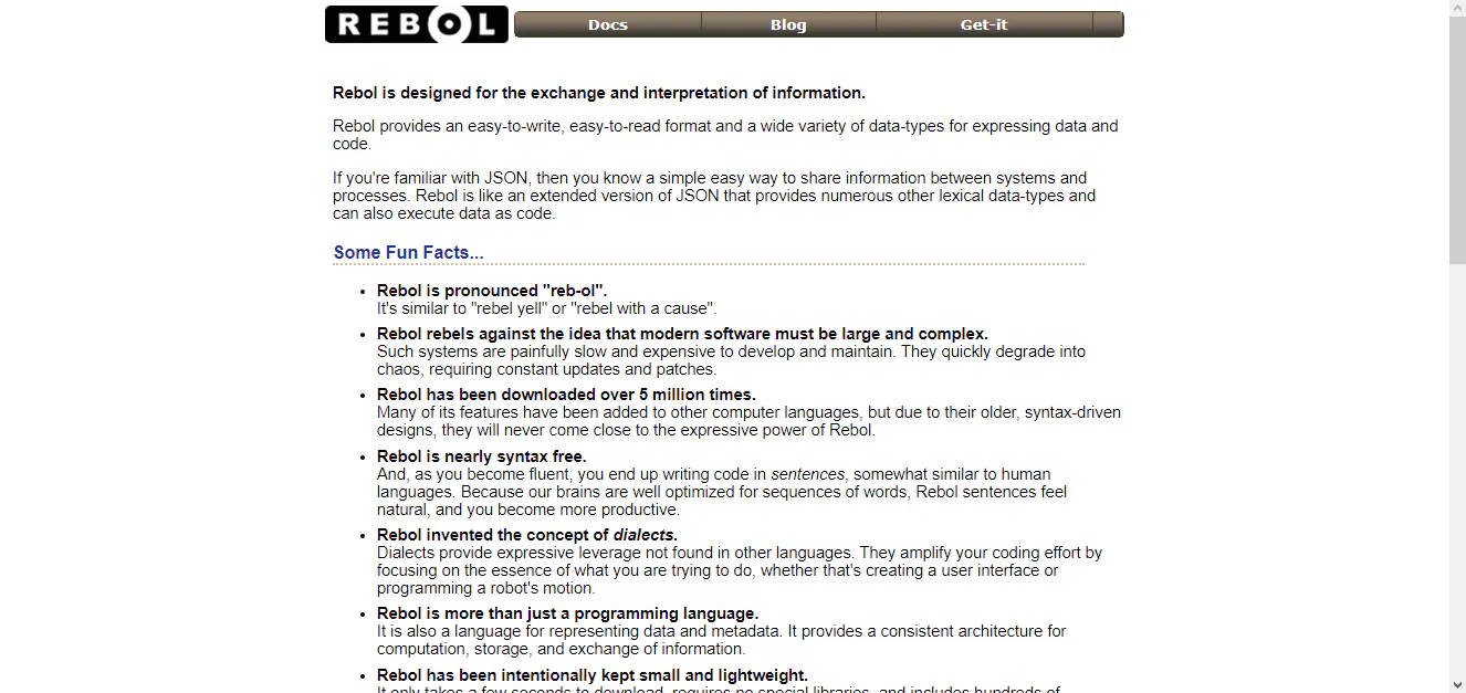 Rebol programming language website page describing the language and listing fun facts