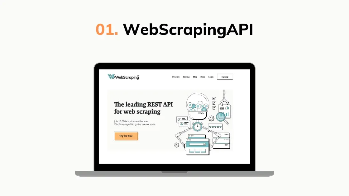Graphic highlighting WebScrapingAPI, showing a laptop mockup with a web scraping API landing page