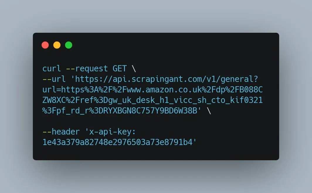 Terminal-style code block showing a curl GET request to the ScrapingAnt API with an API key header
