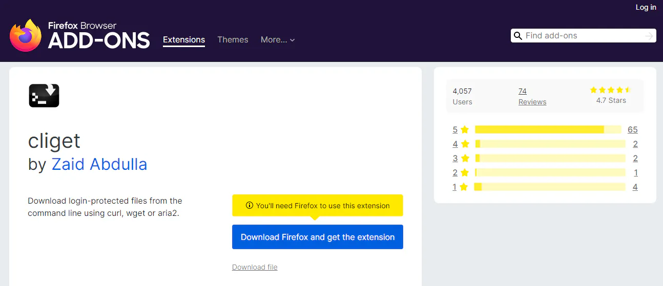 Firefox add-ons page for the cliget extension, showing its description and user rating