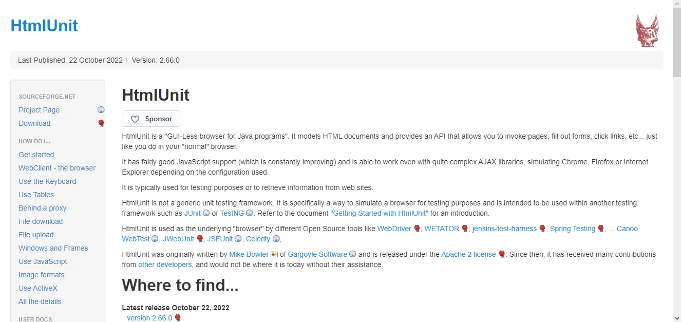 HtmlUnit documentation page screenshot describing a GUI-less browser for Java programs