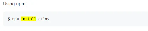Code snippet showing the npm command to install axios