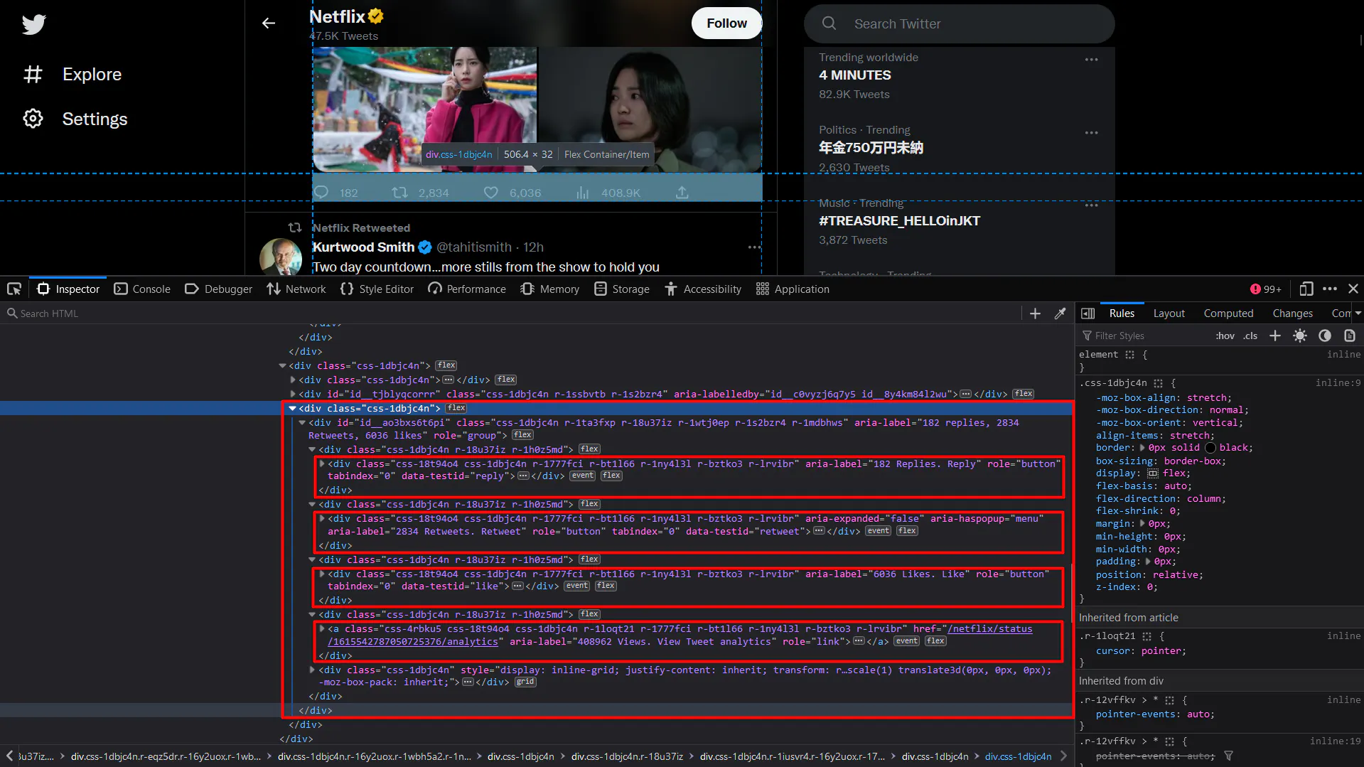 Twitter tweet actions row with browser devtools highlighting buttons for reply, retweet, and like counts