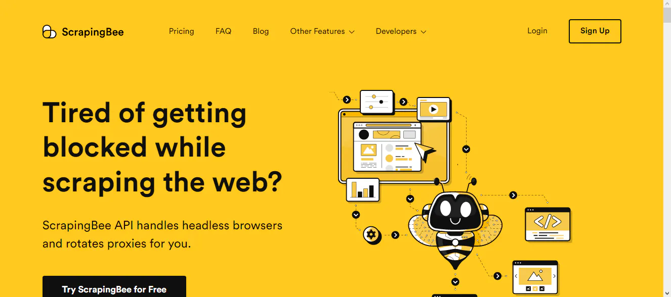 ScrapingBee landing page screenshot on a yellow background with a cartoon bee and web scraping icons