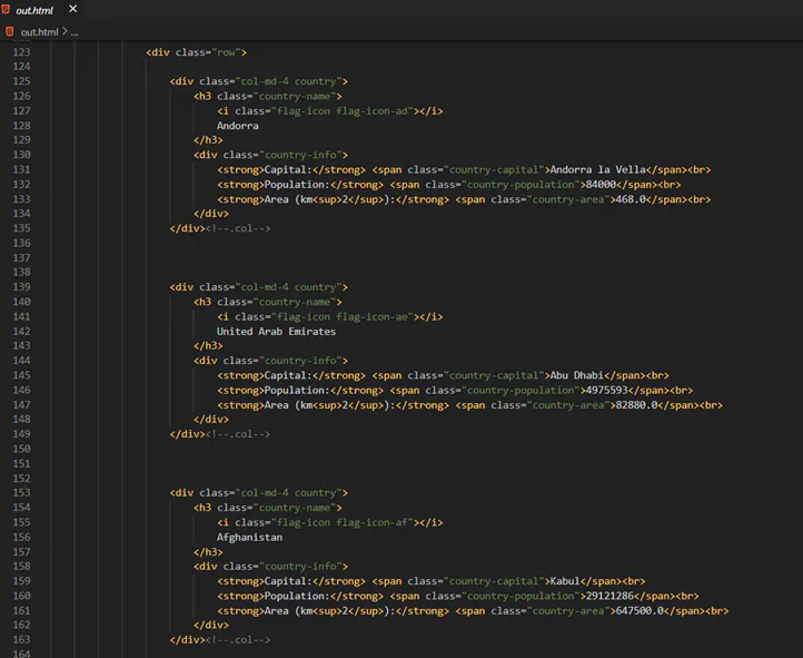 Code editor showing HTML markup for country cards with capitals, population, and area fields