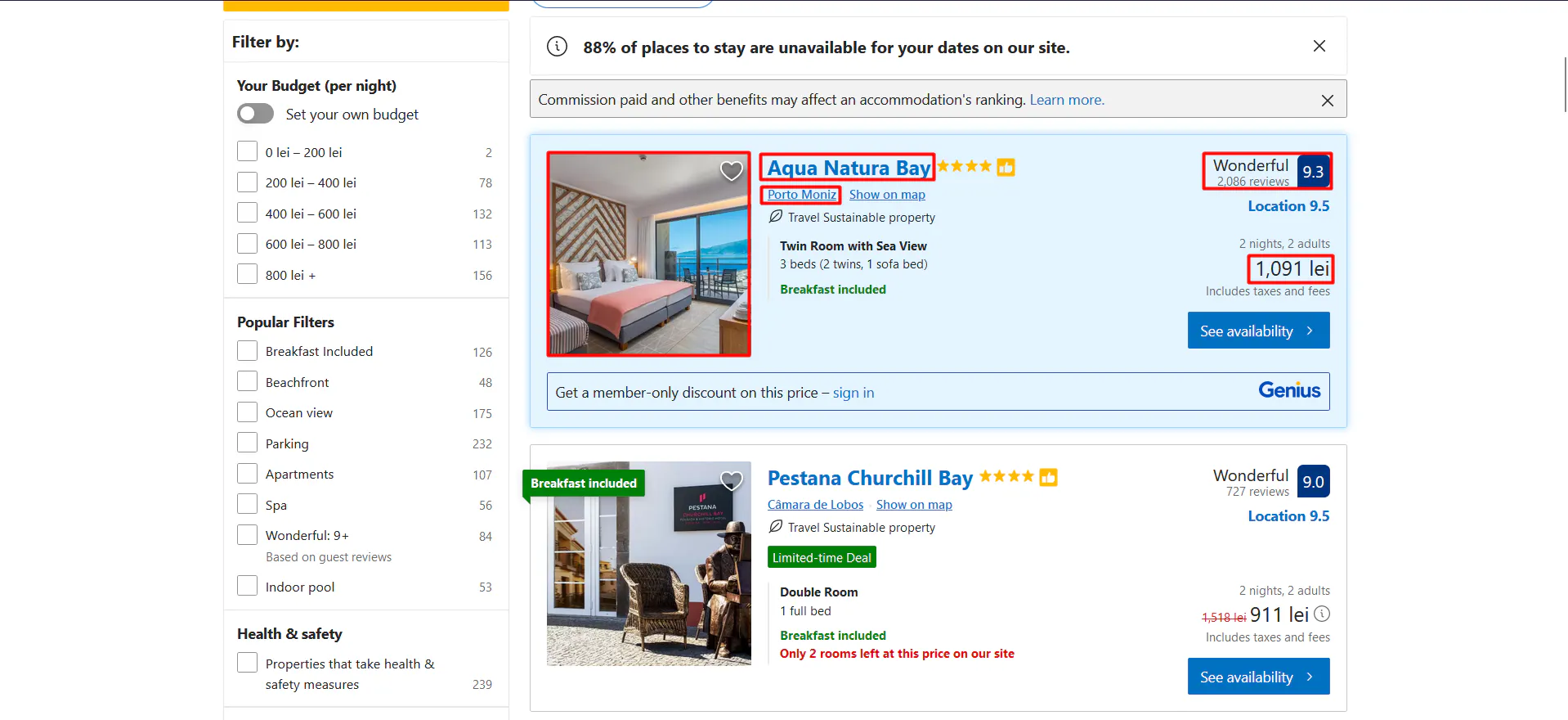 Booking.com hotel search result card with highlighted property name, review score, and nightly price
