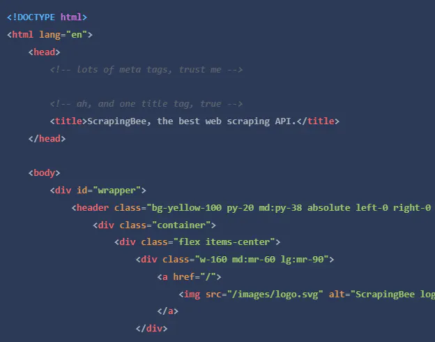 Screenshot of HTML source code showing a title tag referencing ScrapingBee