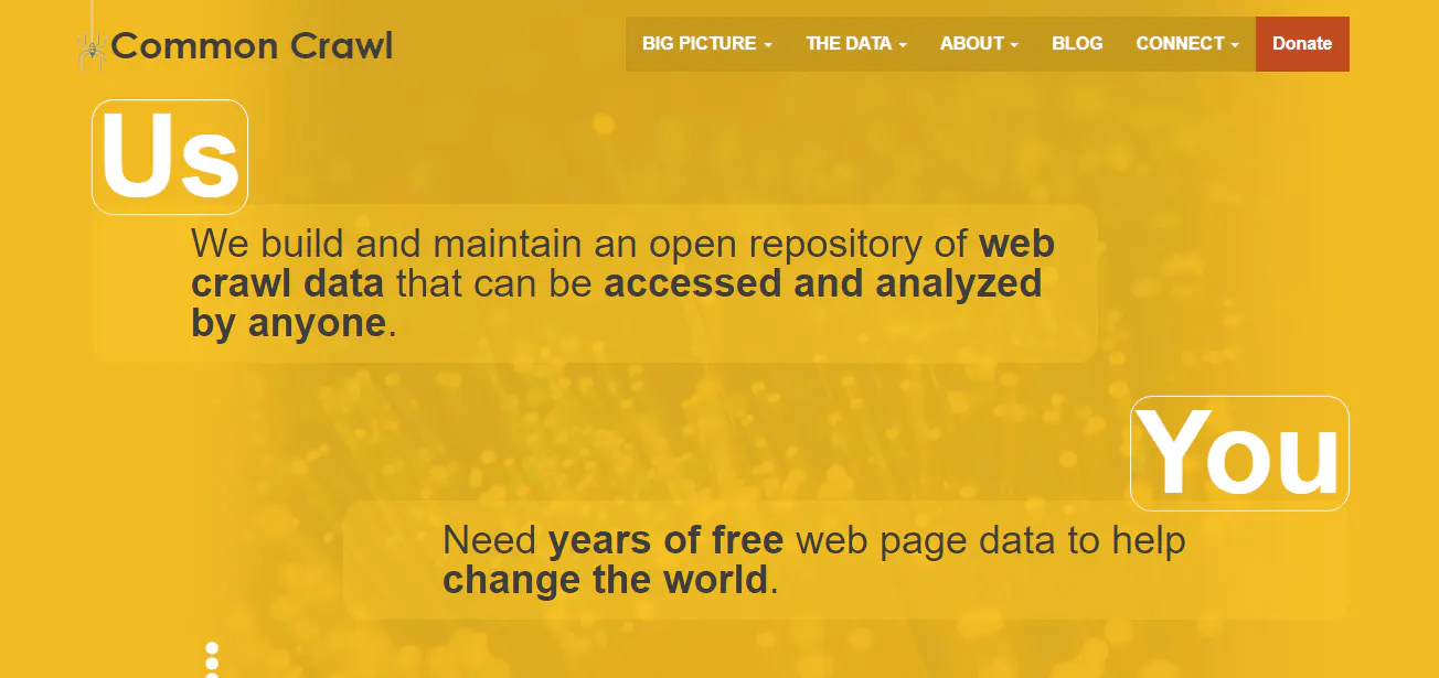 Common Crawl website screenshot describing an open repository of web crawl data for public access