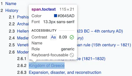 Chrome DevTools element tooltip over a Wikipedia table of contents entry
