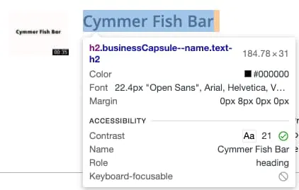 Browser devtools inspecting an h2 heading labeled "Cymmer Fish Bar" on a simple webpage